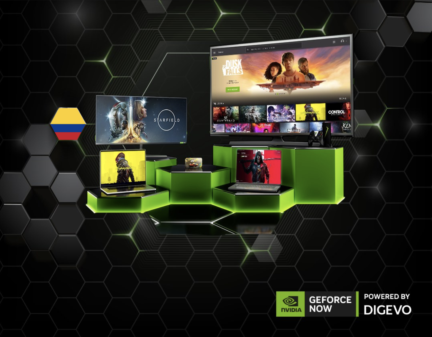 Plataforma GeForce NOW en Colombia, mostrando diversos juegos populares como Starfield y As Dusk Falls, disponibles en dispositivos como laptops, monitores y televisores, impulsado por DIGEVO.